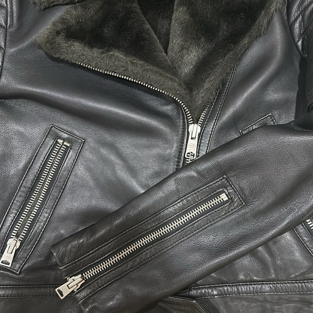 AllSaints Black Leather Moto Jacket with Shearling Collar - Picture 3 of 13